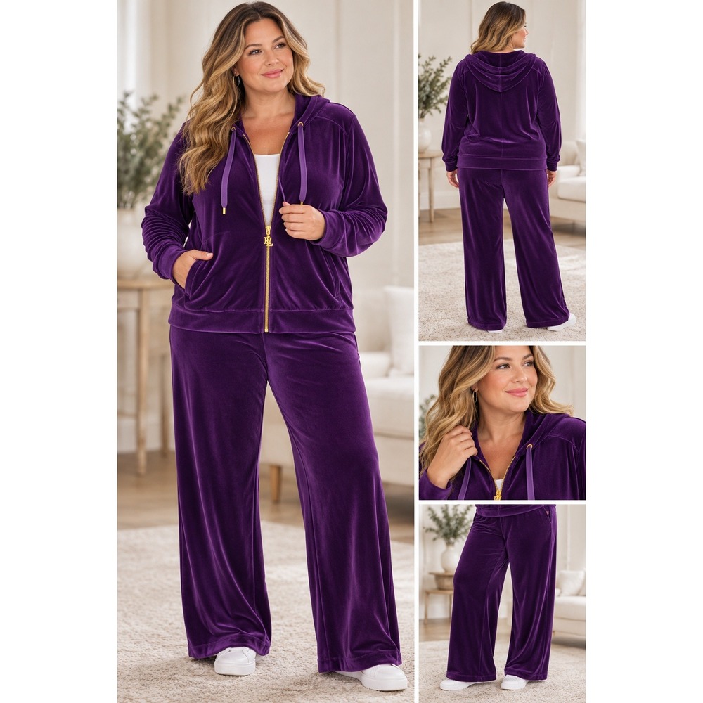 Vintage Y2K Lauren Ralph Lauren Purple Velour Tracksuit 2X Wide Leg Pants